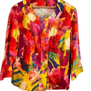 Coldwater Creek Floral Button Jacket Abstract‎ Bright Stretch Cotton Large